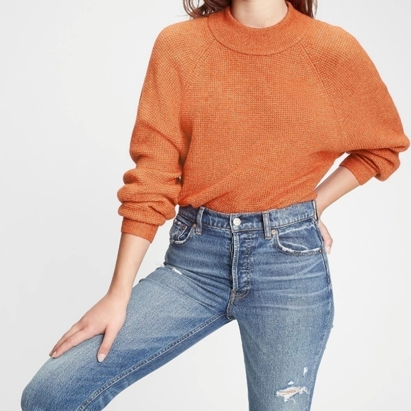 Gap Pumpkin Orange Waffle-Stitch Mockneck Sweater M - Picture 1 of 6